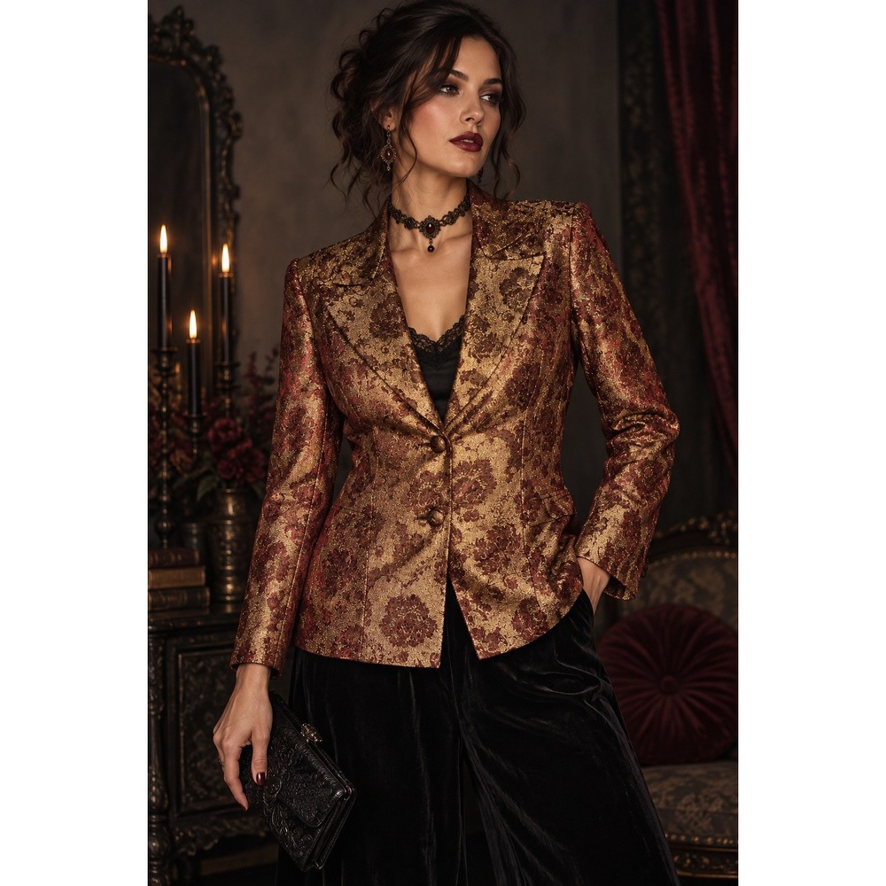 Gold Burgundy Brocade Blazer Size 2 Dark Romantic Whimsigoth Evening